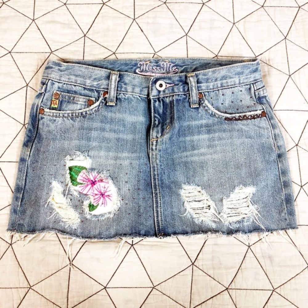 Miss Me Denim Mini Skirt w/ Floral Details